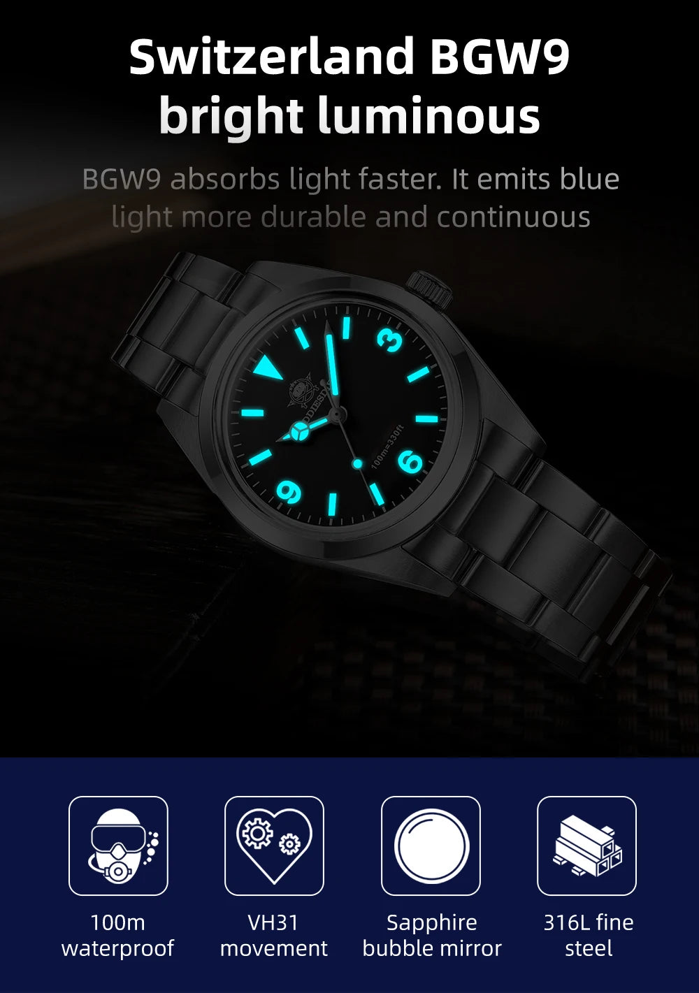 ADDIESDIVE Top Brand Men's Luxury Stainless Steel Wristwatch Sapphire Glass Luminous 100m Waterproof Reloj Hombre Quartz Watches