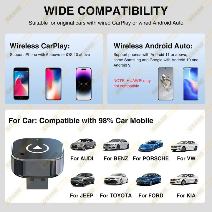 2in1 Wired to Wireless CarPlay Android Auto Adapter for OEM Car Stereo With USB Plug and Play Bluetooth