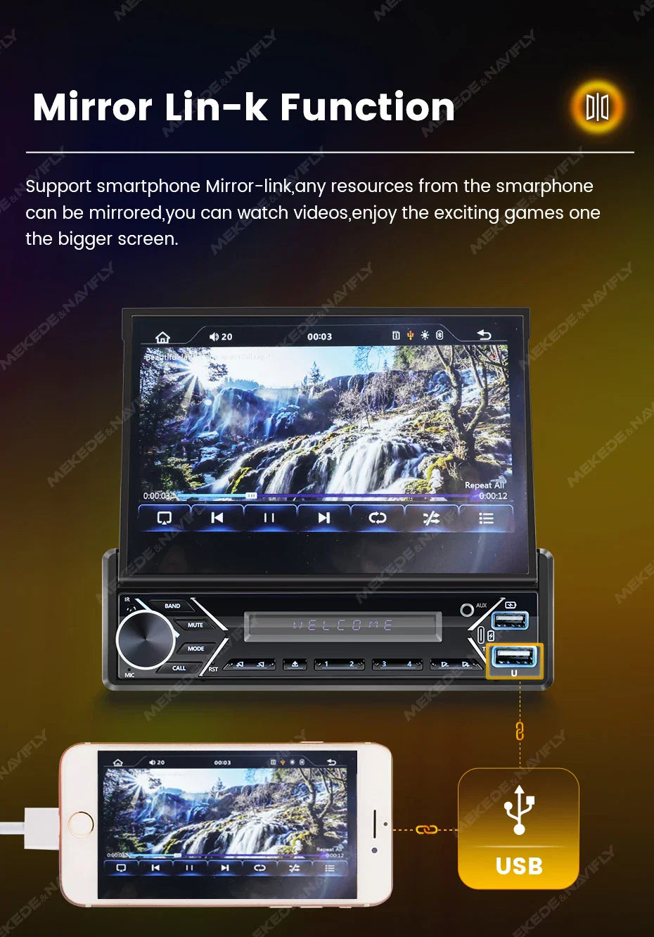 Universal 7" 1din Retractable Screen Car Radio Android Auto Carplay Multimedia Video Player Intelligent Vehicle System BT FM USB