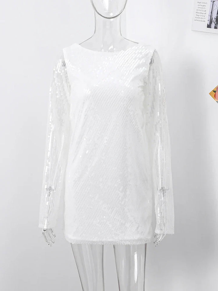 Women's Sparkling Backless Long Sleeved Dress Silver White Sexy Gauze Short Dresses Shiny Lining Elegant Summer Autumn Lady Top