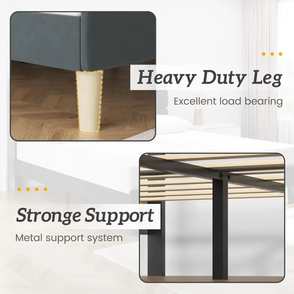 Queen Size Bed Frame, Velvet Padded Headboard, Metal Support, Easy To Assemble, Storage Space, No Spring Box Required