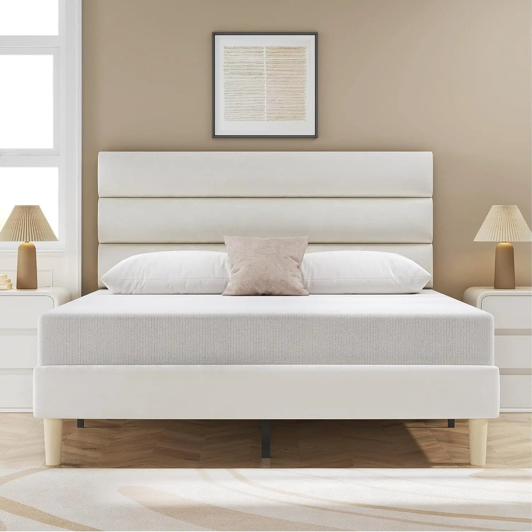 Queen Size Bed Frame, Velvet Padded Headboard, Metal Support, Easy To Assemble, Storage Space, No Spring Box Required
