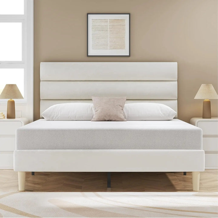 Queen Size Bed Frame, Velvet Padded Headboard, Metal Support, Easy To Assemble, Storage Space, No Spring Box Required