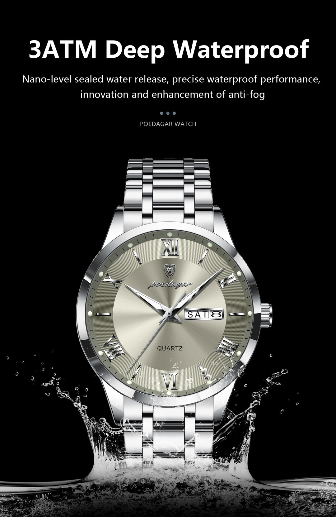 POEDAGAR Business Fashion Man Watch Waterproof Luminous Date Week Male Wristwatch Stainless Steel Quartz Men Watches Reloj +Box