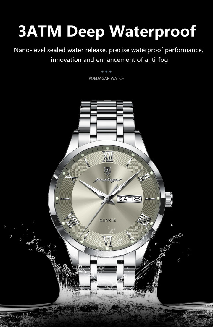 POEDAGAR Business Fashion Man Watch Waterproof Luminous Date Week Male Wristwatch Stainless Steel Quartz Men Watches Reloj +Box