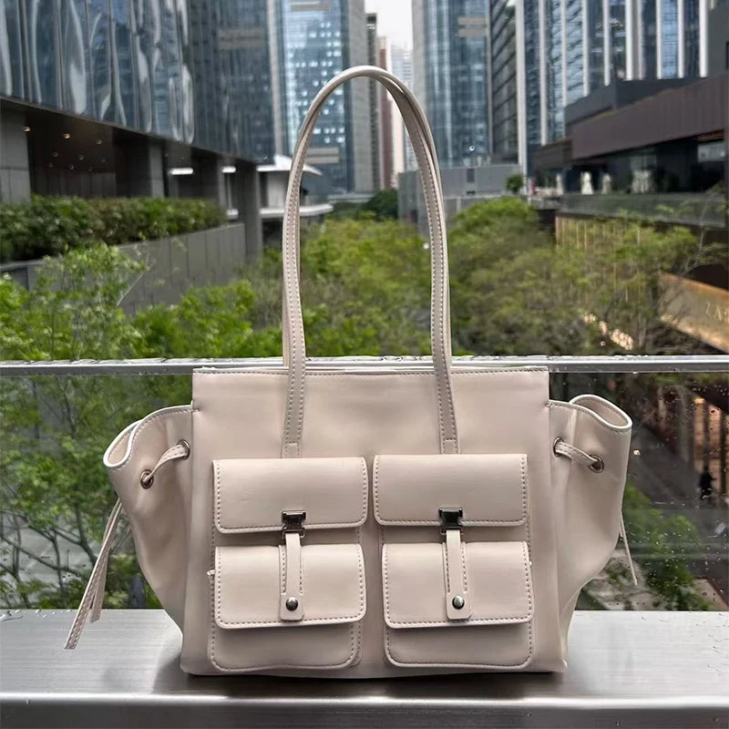 Luxury Brand Silver Buckle Fashion Genuine Leather Handbag New Large Capacity Tote Bag Designer Women's Commuter Shoulder Bag