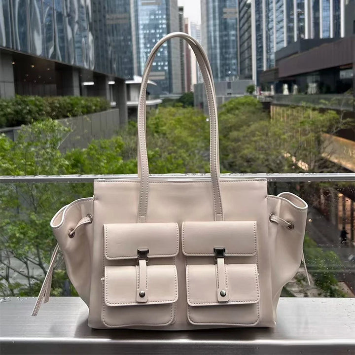 Luxury Brand Silver Buckle Fashion Genuine Leather Handbag New Large Capacity Tote Bag Designer Women's Commuter Shoulder Bag