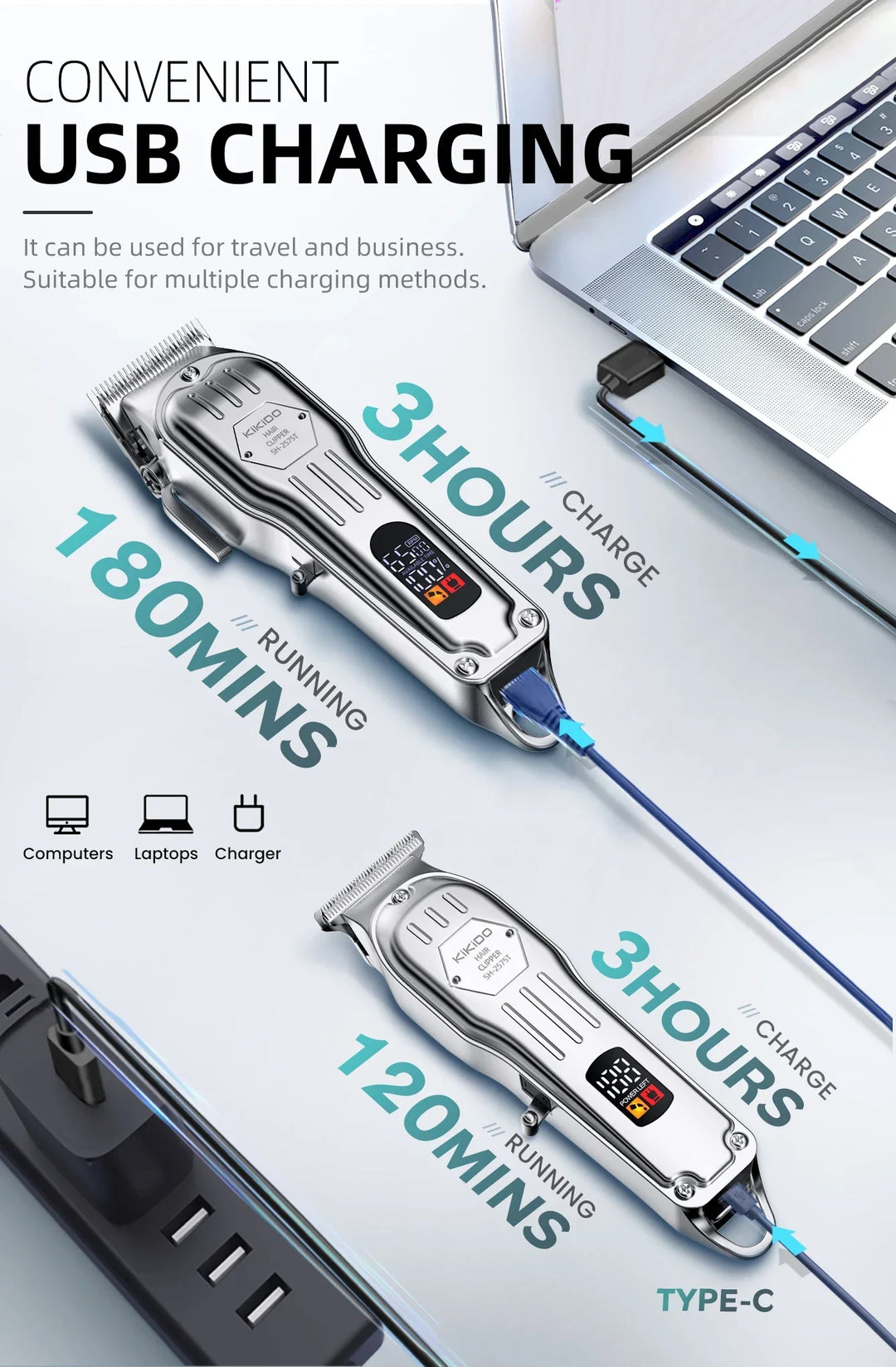 KIKIDO 2in1 Adjustable Cordless Hair Cutting Machine Full Metal Combo Kit Barber Hair Clipper Beard Shaver Kit for Men Gift2575T