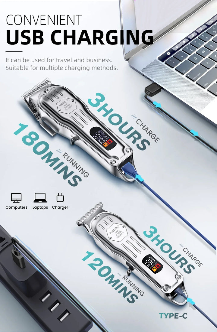 KIKIDO 2in1 Adjustable Cordless Hair Cutting Machine Full Metal Combo Kit Barber Hair Clipper Beard Shaver Kit for Men Gift2575T