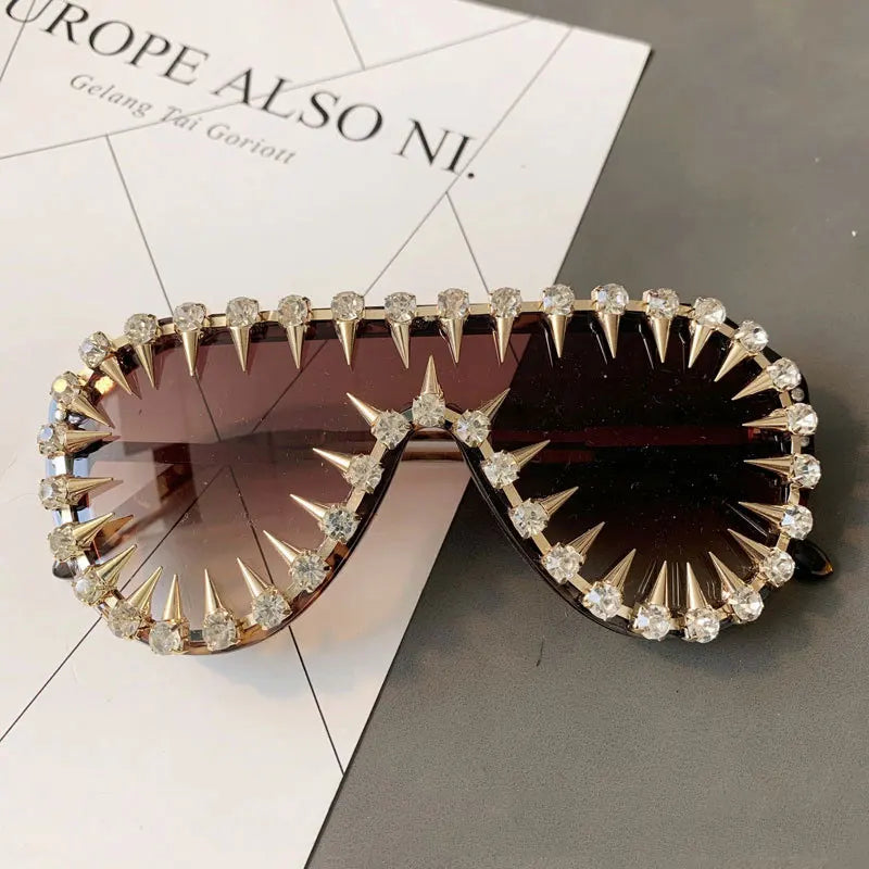 Steampunk Nail Diamond Oversized Sunglasses For Women Luxury Punk Rhinestones One Piece Sun Glasses Men Hip Hop Shades Eyewear