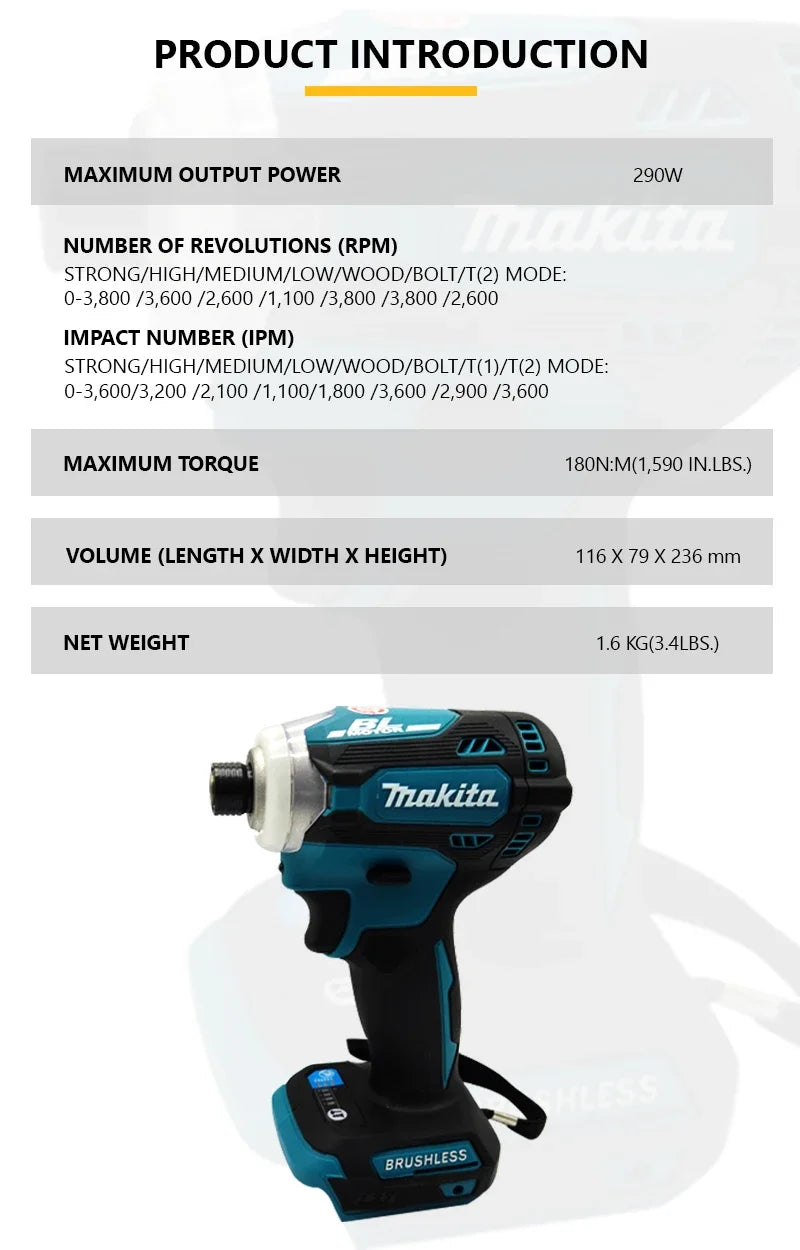Makita DTD172 18V Cordless Impact Screwdriver Brushless Electric Impact Drill Rechargeable Wood/olt/T-Mode Power Tools