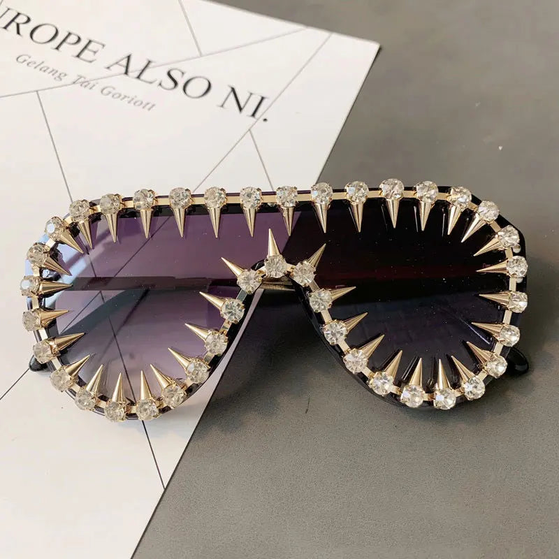 Steampunk Nail Diamond Oversized Sunglasses For Women Luxury Punk Rhinestones One Piece Sun Glasses Men Hip Hop Shades Eyewear
