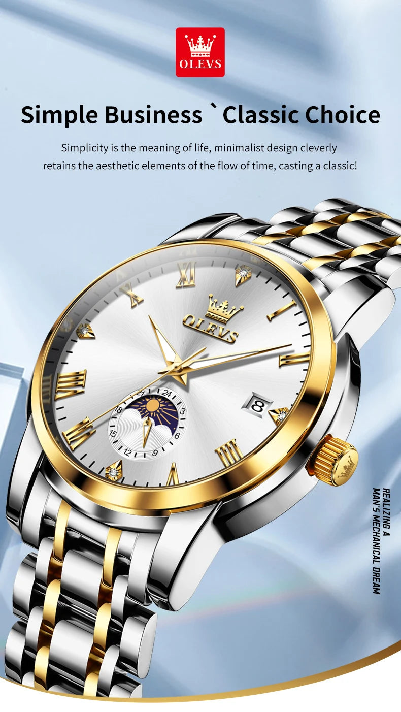 OLEVS Trend Fasahion Men's Watches Stainless Steel Original Quartz Watch for Man Waterproof Luminous Date Moon Phase Wristwatch