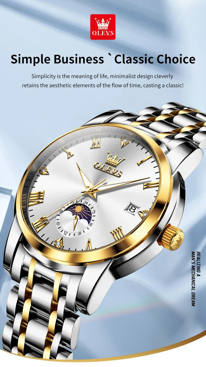 OLEVS Trend Fasahion Men's Watches Stainless Steel Original Quartz Watch for Man Waterproof Luminous Date Moon Phase Wristwatch