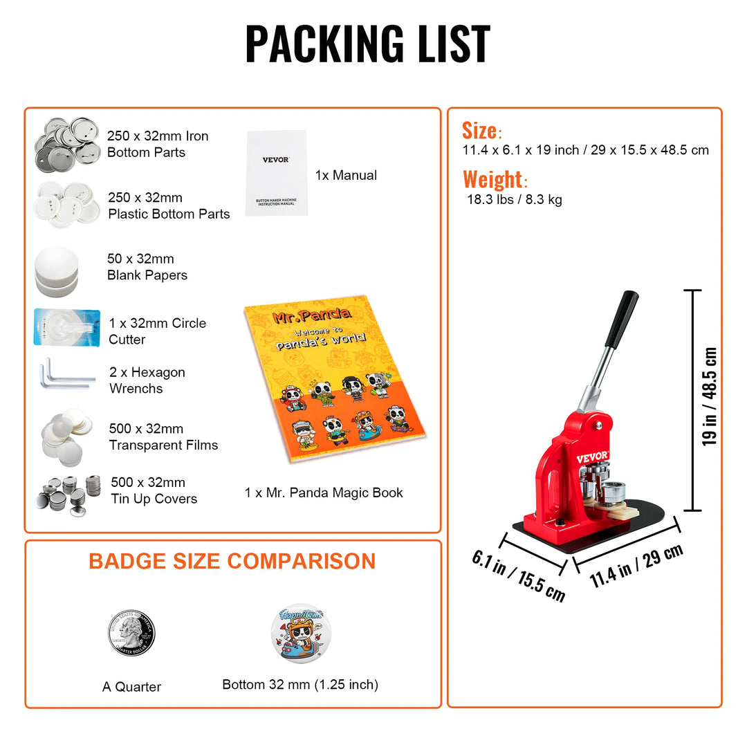 VEVOR 25/32/58/75MM Badge Maker Machine DIY Button Pin with 500Pcs Free Parts Press Kit Circle Manufacture Button Making Tool