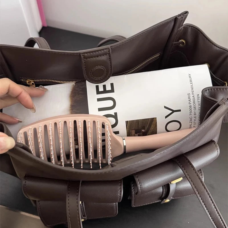 Luxury Brand Silver Buckle Fashion Genuine Leather Handbag New Large Capacity Tote Bag Designer Women's Commuter Shoulder Bag