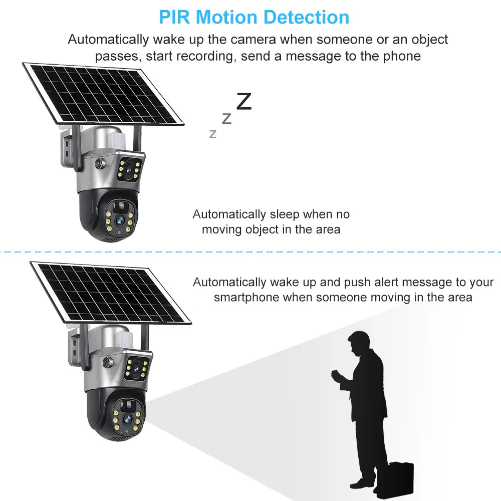 4G Sim Card Solar Camera Dual Lens Outdoor 8MP 4K Low Power Battery IP Camera PIR Night Vision V380 Pro CCTV Security Protection