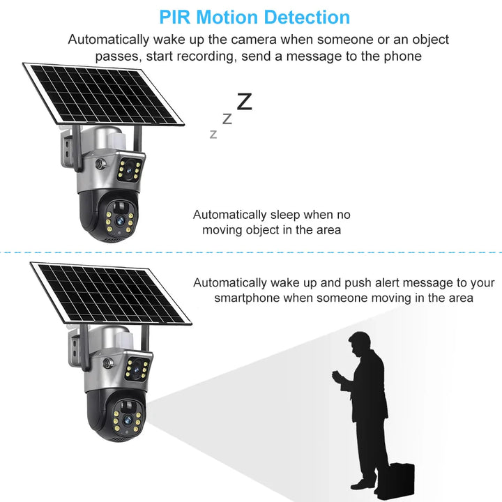 4G Sim Card Solar Camera Dual Lens Outdoor 8MP 4K Low Power Battery IP Camera PIR Night Vision V380 Pro CCTV Security Protection