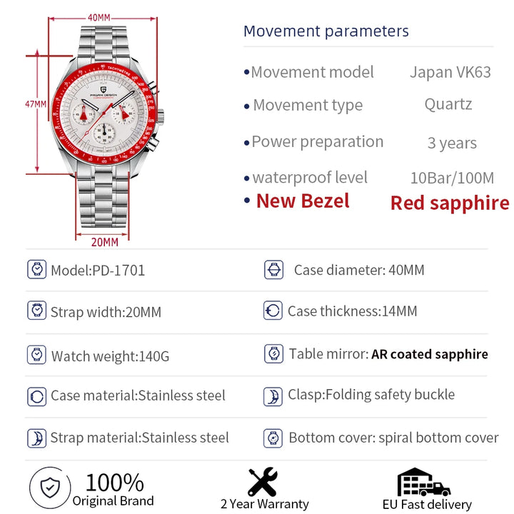 PAGANI DESIGN 2024 New V5 PD1701 Men's Watches Luxury Quartz Watch Men Sport Speed Chronograph AR Sapphire glass 100M Waterproof