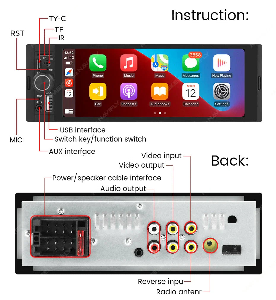 NaviFly 6.86'' 1Din Car Radio Multimedia Player MP5 FM Radio Wireless/Wired Carplay Android Auto Car Stereo 1 din 1280*480