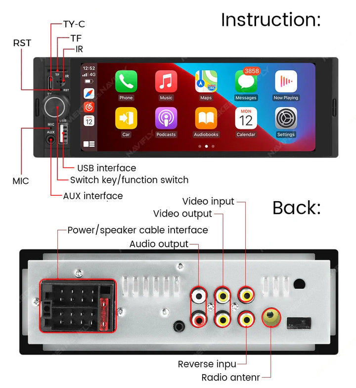 NaviFly 6.86'' 1Din Car Radio Multimedia Player MP5 FM Radio Wireless/Wired Carplay Android Auto Car Stereo 1 din 1280*480