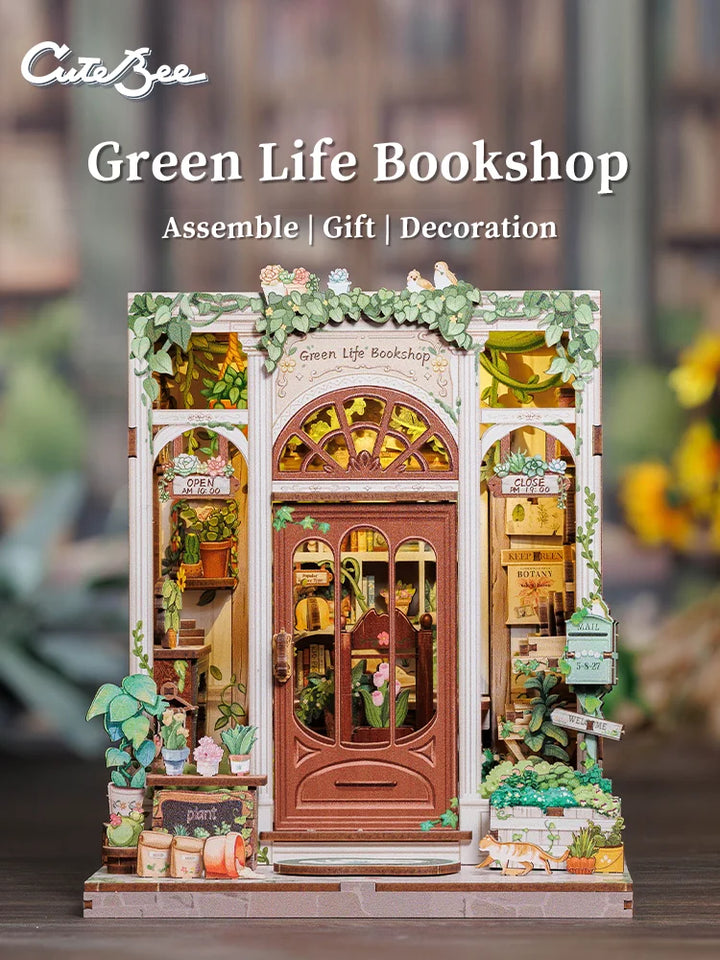 CUTEBEE Bookstore Book Nook with Light DIY Miniature Wooden Dollhouse for Decor Gift Bookshelf Insert Kit 3D Puzzle