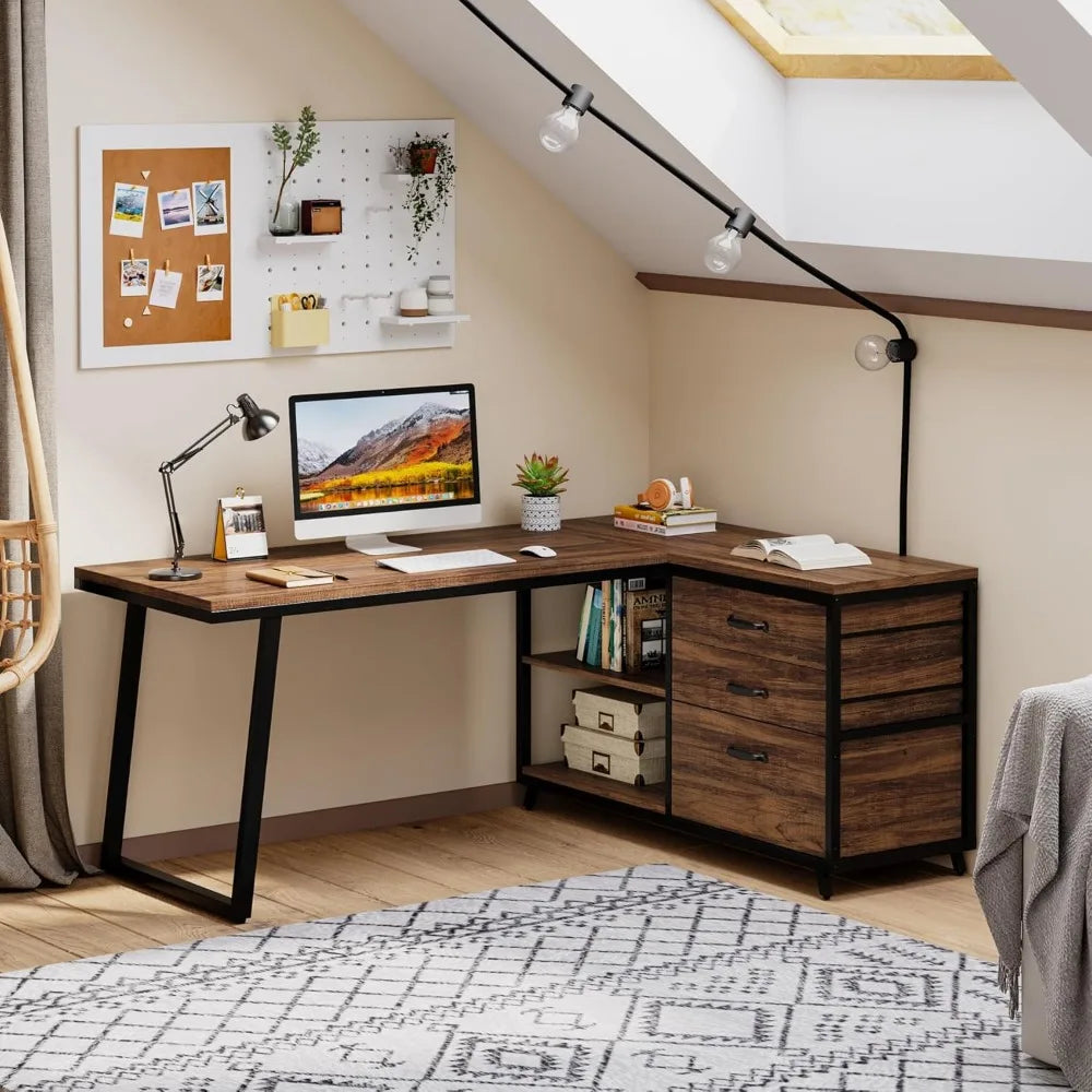 L-Shaped Office Computer Desk with Drawers