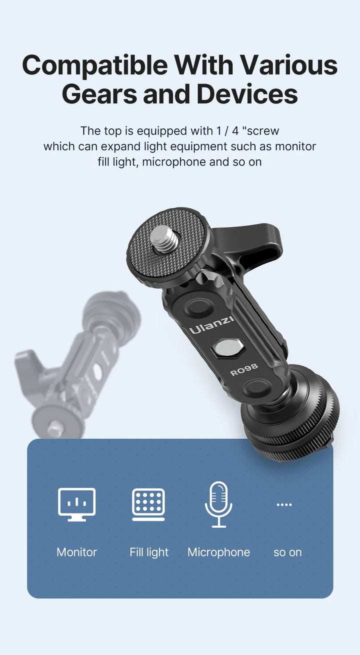Ulanzi R098 Double Ball Heads Magic Arm with Cold Shoe Mount 1/4''  Screw for DSLR Camera Monitor Mic Video Light Super Clamp