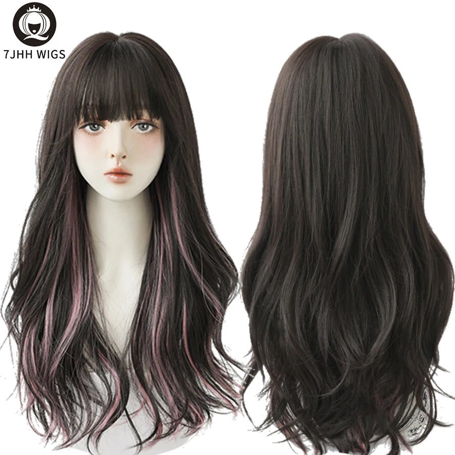 7JHHWIGS Long Wavy Synthetic Black Wigs For Women With Fringe Fashion Heat Resistant Mid-Length Daily Straight Light Brown Hair