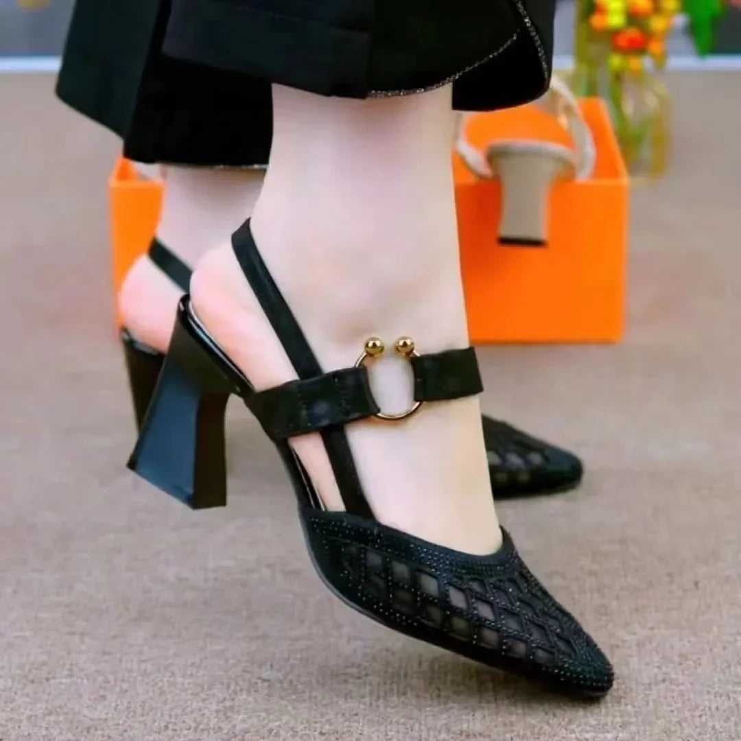 High Heeled Sandals 2024 New Summer with Thick with The Net Gauze Women's Shoes Pointed Buckle Single Shoes Low with Heels