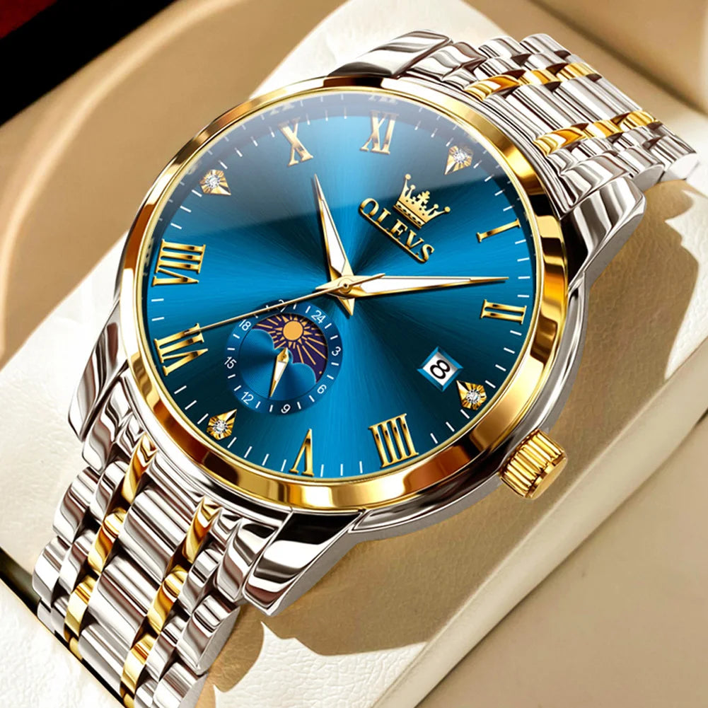 OLEVS Trend Fasahion Men's Watches Stainless Steel Original Quartz Watch for Man Waterproof Luminous Date Moon Phase Wristwatch