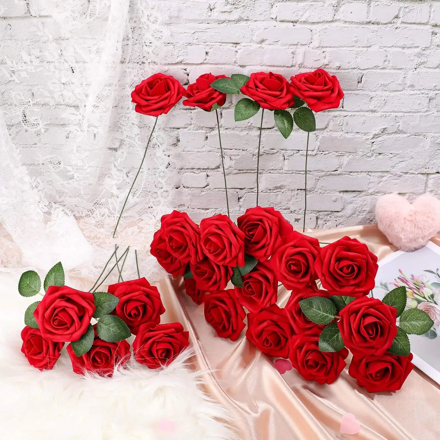 Realistic Artificial Red Roses with Stems