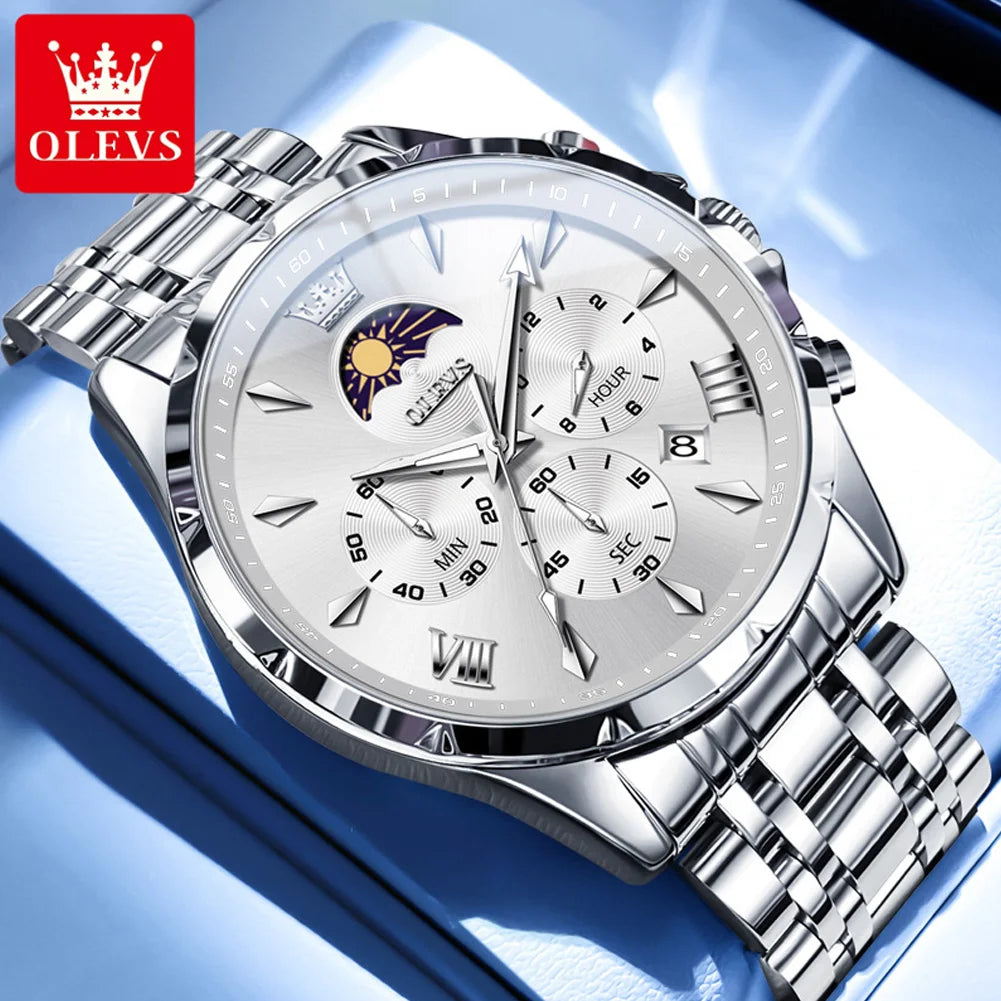 OLEVS Top Moon Phase Fashion Men's Watches Stainless steel Waterproof Quartz Watch for Man Calendar Luminous Daily Wristwatch