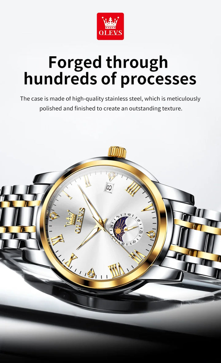 OLEVS Trend Fasahion Men's Watches Stainless Steel Original Quartz Watch for Man Waterproof Luminous Date Moon Phase Wristwatch