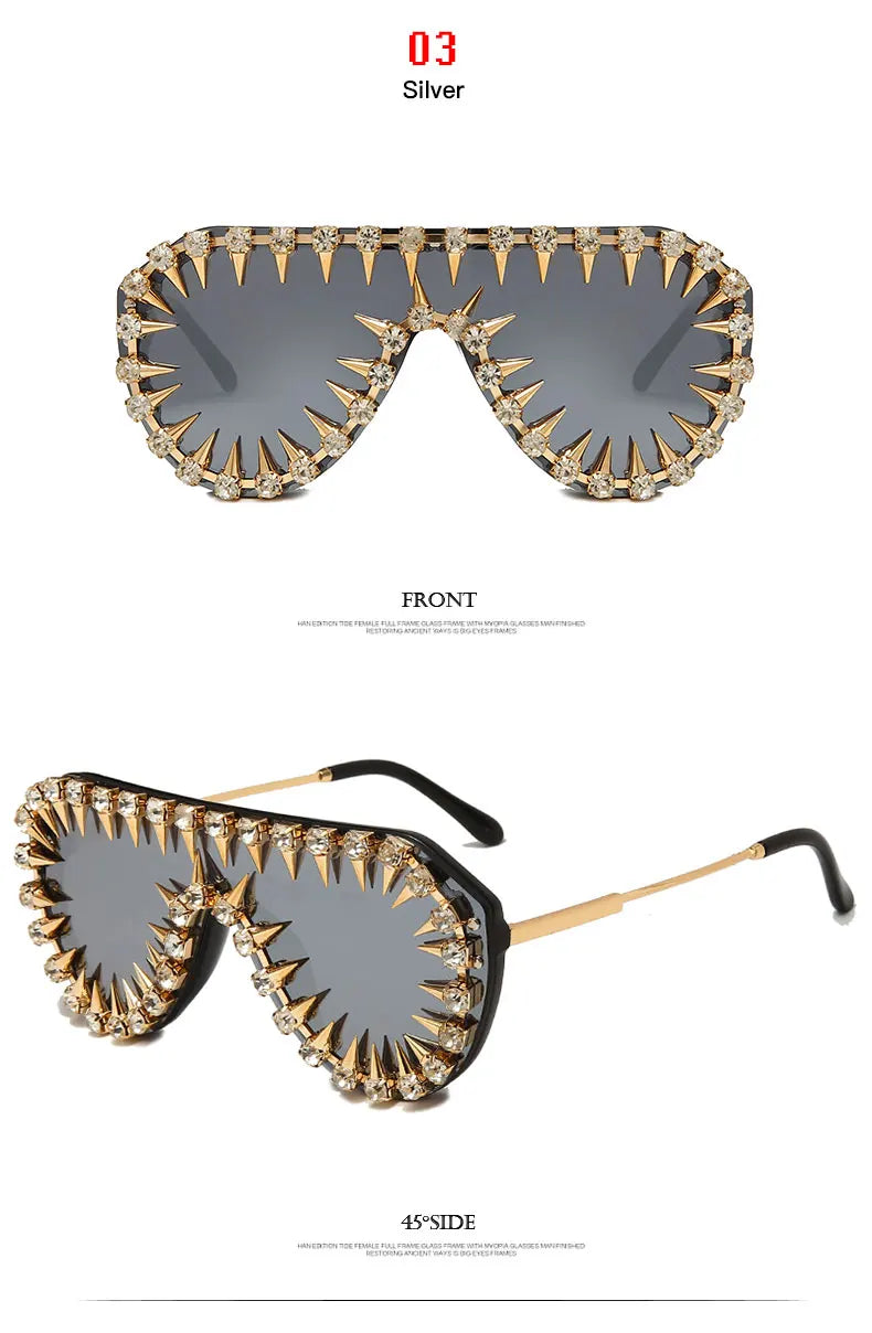 Steampunk Nail Diamond Oversized Sunglasses For Women Luxury Punk Rhinestones One Piece Sun Glasses Men Hip Hop Shades Eyewear