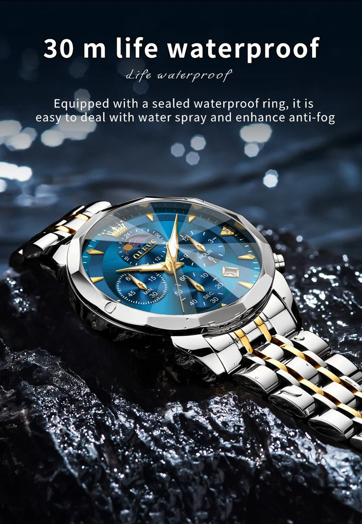 OLEVS 3673 Mens Watch Original Business Brand Quartz Watch Rhombus Mirror Waterproof Luminous Automatic Date Moon Phase Watch