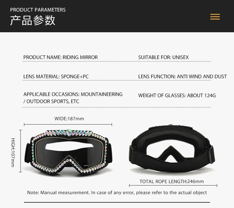 Steampunk Oversized Diamond Ski Sunglasses Goggle Women Men Snowing Sport Sun Glasses Luxury Rhinestone Eyeglasses De Sol Hombre