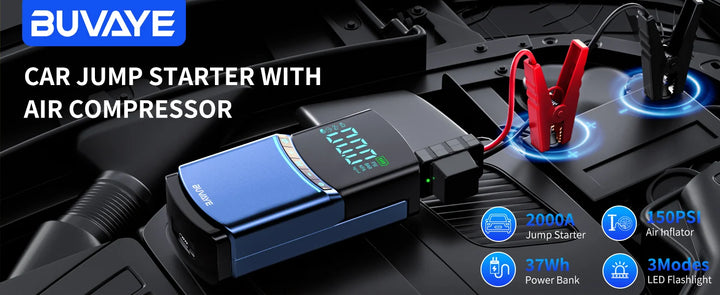 BUVAYE Car Jump Starter Air Pump 150PSI 2000A Jump Starter car battery starter Power Bank 150PSI Tire Compressor Powerbank