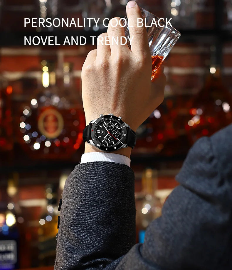 OLEVS Original Quartz Watch for Men Leather Strap Chronograph Calendar Waterproof Luminous Men's Wristwatches Relógio Masculino