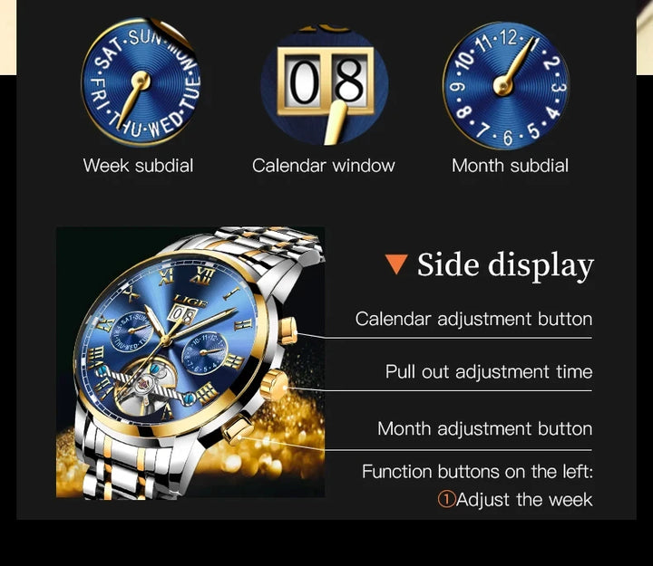 LIGE Fashion Men's Mechanical WristWatches Business Waterproof Tourbillon Watch Men Top Brand Luxury Automatic Watches For Men