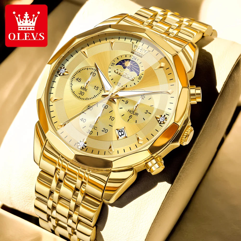 OLEVS 3673 Mens Watch Original Business Brand Quartz Watch Rhombus Mirror Waterproof Luminous Automatic Date Moon Phase Watch