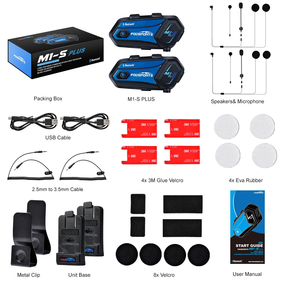 2Pcs Fodsports M1-S Plus Motorcycle Helmet Intercom Bluetooth Headset 8 Riders Moto Interphone,Music Sharing,FM Radio