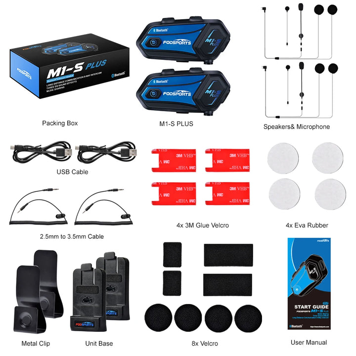 2Pcs Fodsports M1-S Plus Motorcycle Helmet Intercom Bluetooth Headset 8 Riders Moto Interphone,Music Sharing,FM Radio