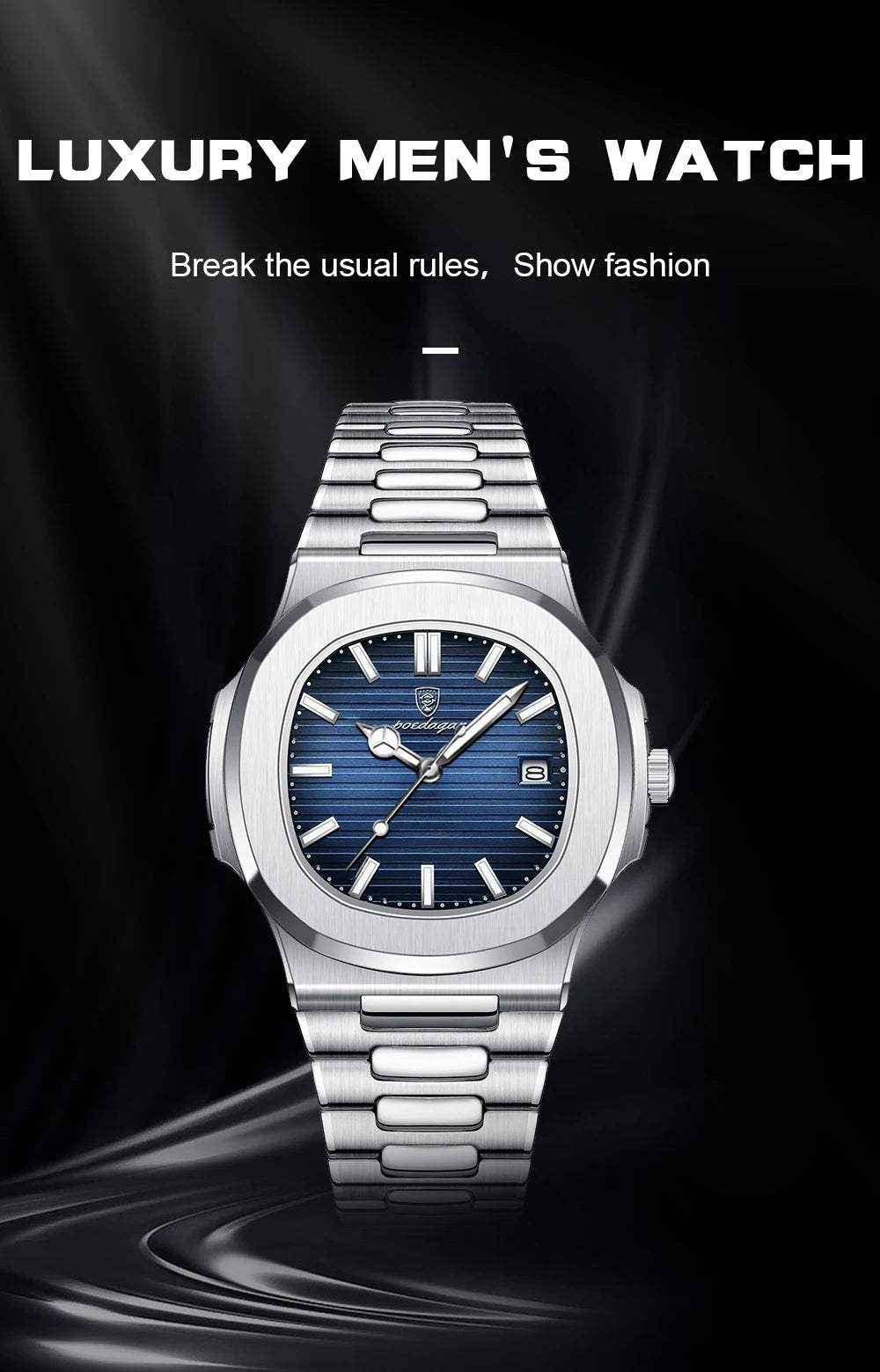 POEDAGAR Luxury Classic Man Watches Luminous Date Stainless Steel Square Quartz Male Clock Waterproof Watch for Men Reloj +Box