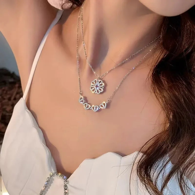Small and Versatile Light Luxury No Fading Four Leaf Clover Lucky Heartdetachable Pendant Two Fashionable Collarbone Chains