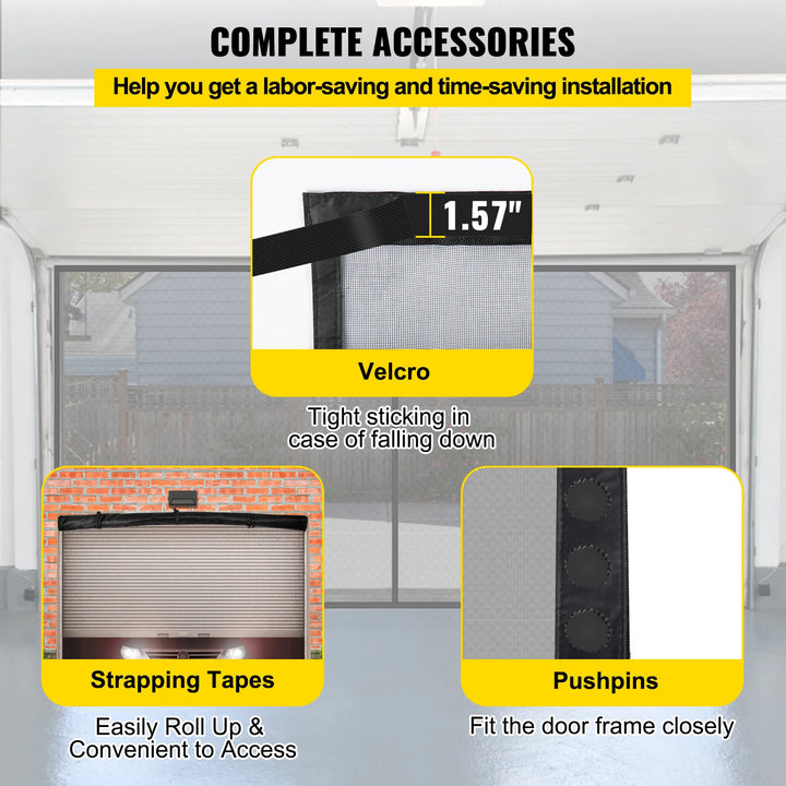 VEVOR Garage Door Screen 16 x 7 ft for 2 Cars 5.2 lbs Heavy-Duty Fiberglass Mesh for Quick Entry Self Sealing Magnet Retractable