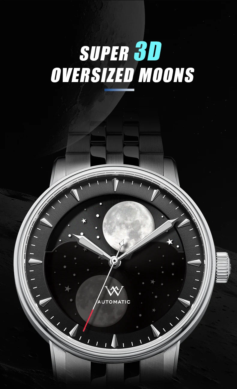 WM Watch Welly Merck Automatic Mechanical Watches Men Lunar Moon Phase Sapphire Waterproof Man Luminous Twin Moons Watch WM142