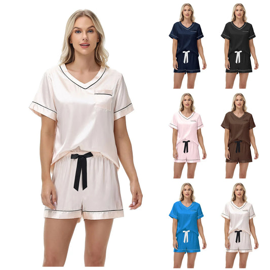 Short-sleeved Short Pants Summer Pajama Set For Commuting, Solid Color V-neck Ice Silk Women's Loungewear