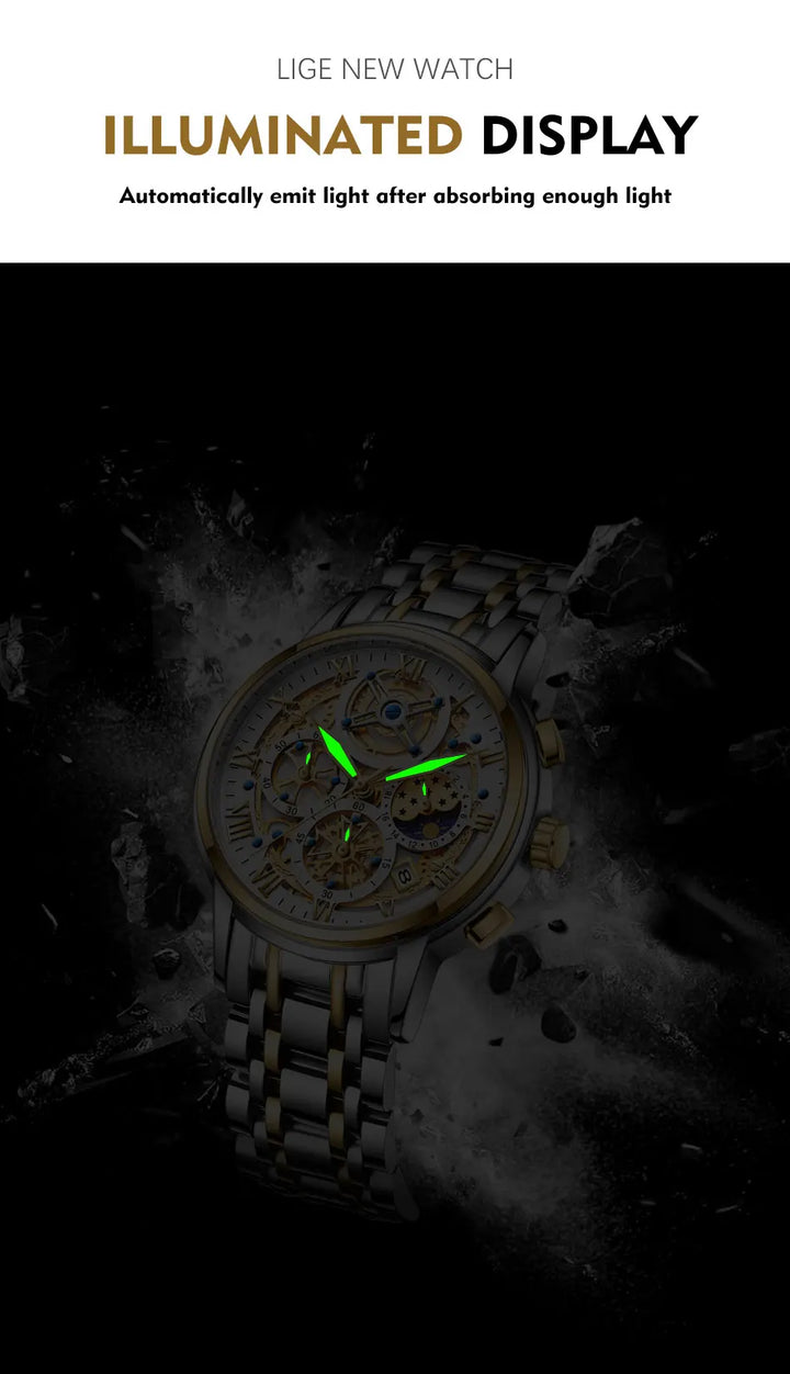 LIGE Luxury Fashion Men Watch Waterproof Luminous Date Man Wristwatch Stainless Steel Chronograph Quartz Men's Watches Reloj
