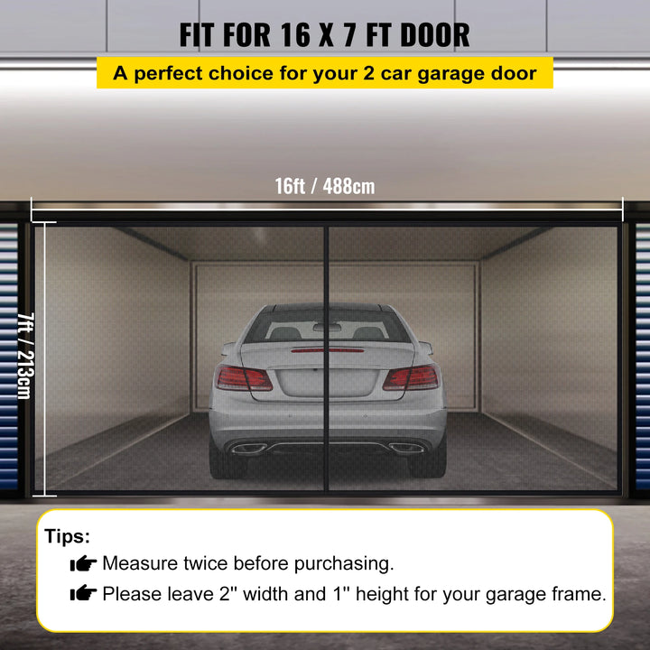 VEVOR Garage Door Screen 16 x 7 ft for 2 Cars 5.2 lbs Heavy-Duty Fiberglass Mesh for Quick Entry Self Sealing Magnet Retractable